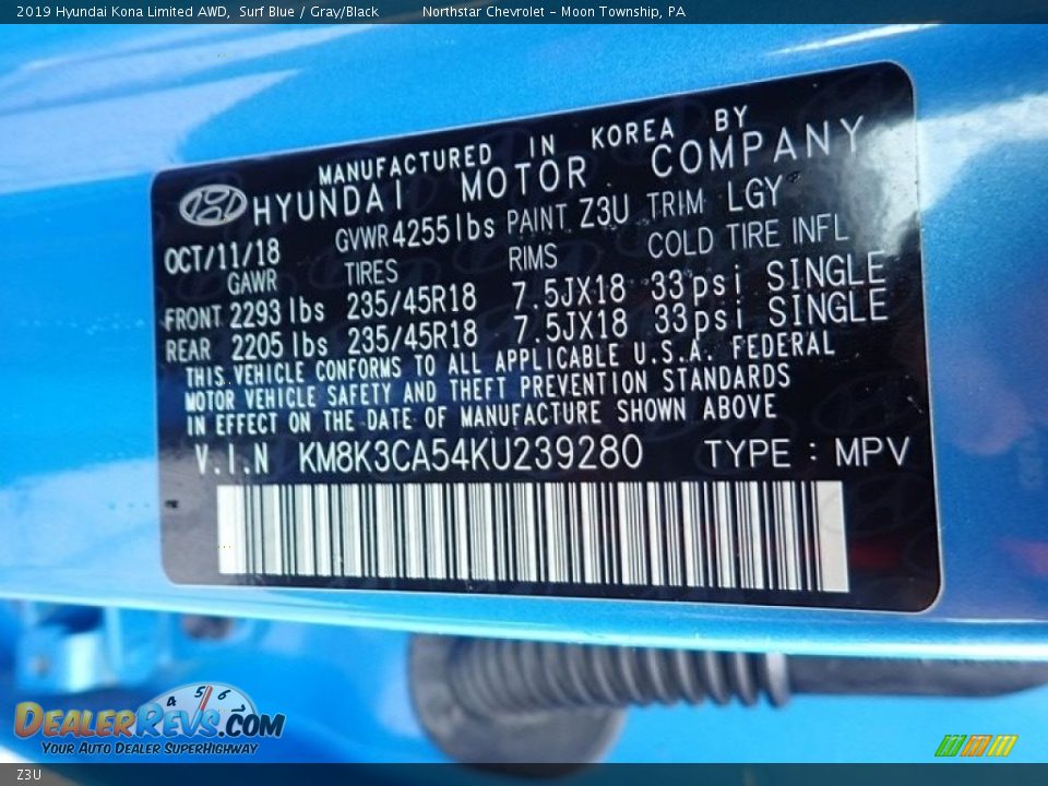 Hyundai Color Code Z3U Surf Blue