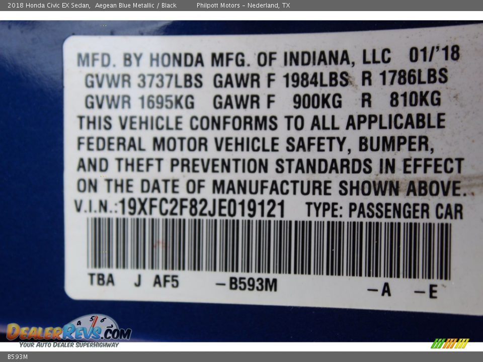 Honda Color Code B593M Aegean Blue Metallic