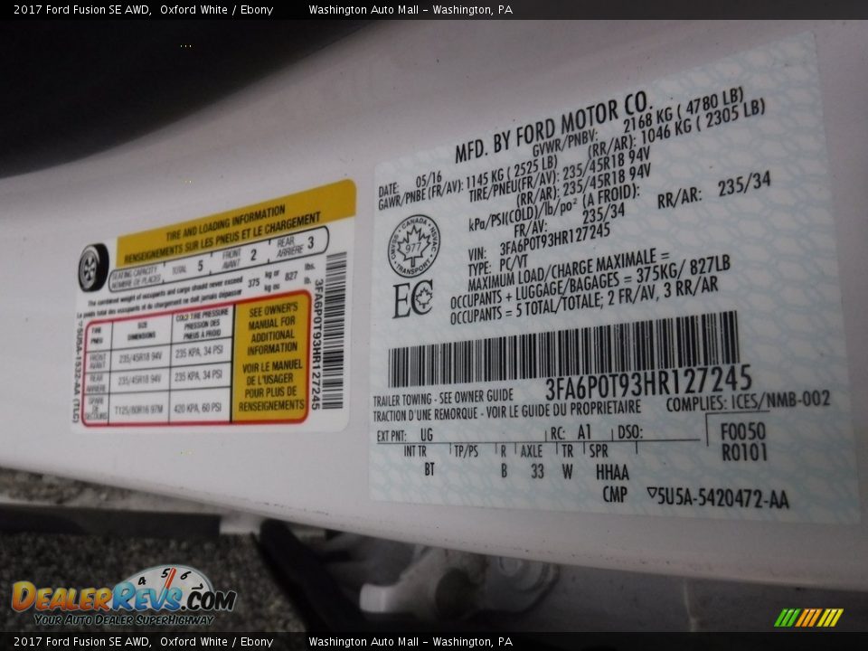 2017 Ford Fusion SE AWD Oxford White / Ebony Photo #27