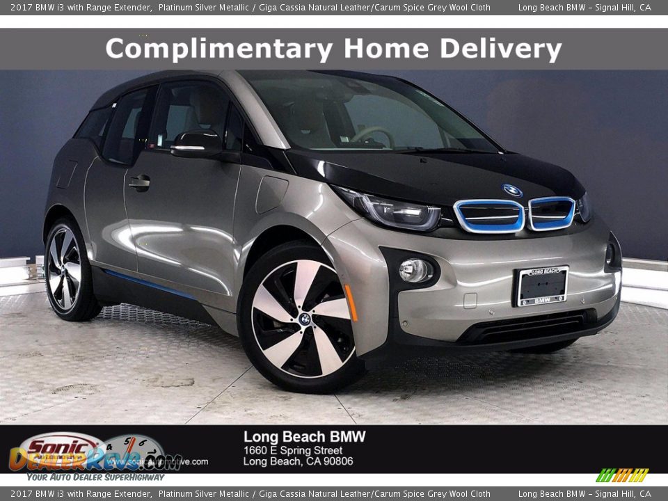 2017 BMW i3 with Range Extender Platinum Silver Metallic / Giga Cassia Natural Leather/Carum Spice Grey Wool Cloth Photo #1