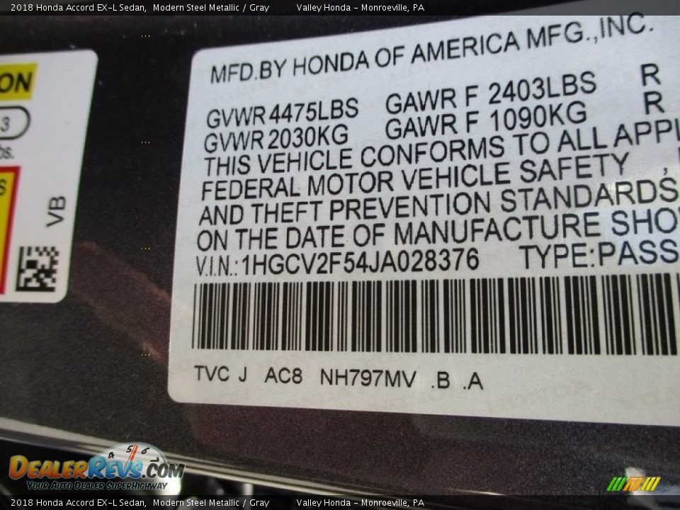 2018 Honda Accord EX-L Sedan Modern Steel Metallic / Gray Photo #19