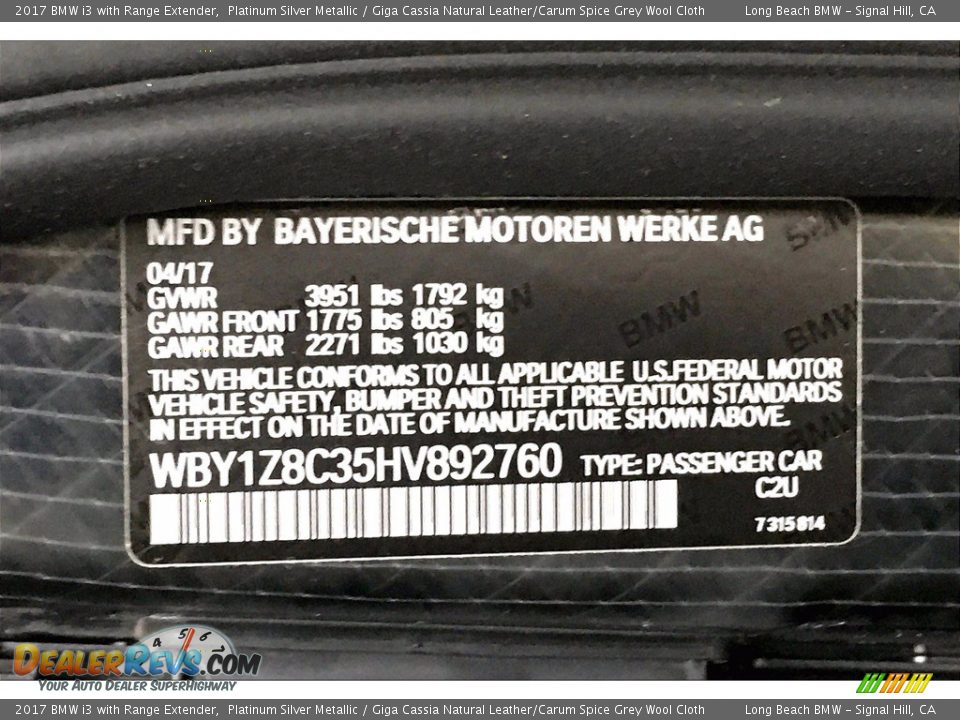 2017 BMW i3 with Range Extender Platinum Silver Metallic / Giga Cassia Natural Leather/Carum Spice Grey Wool Cloth Photo #33