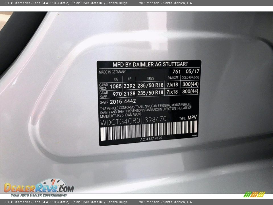 2018 Mercedes-Benz GLA 250 4Matic Polar Silver Metallic / Sahara Beige Photo #24