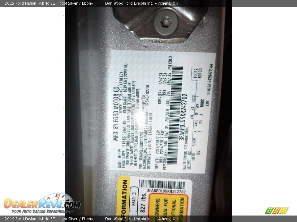 2019 Ford Fusion Hybrid SE Ingot Silver / Ebony Photo #32