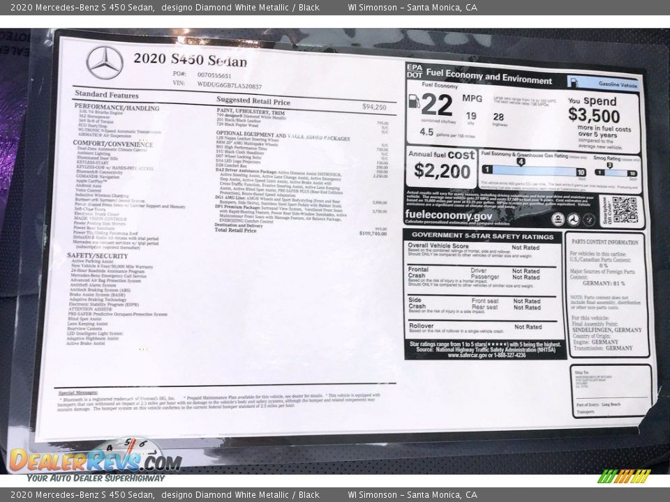 2020 Mercedes-Benz S 450 Sedan designo Diamond White Metallic / Black Photo #10