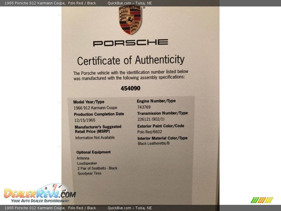 Info Tag of 1966 Porsche 912 Karmann Coupe Photo #24