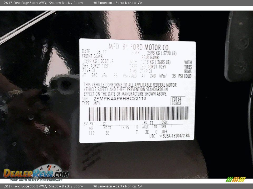 2017 Ford Edge Sport AWD Shadow Black / Ebony Photo #24