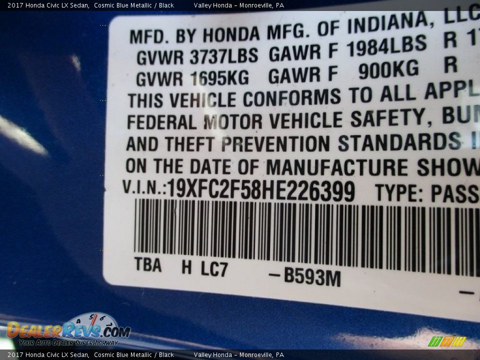 2017 Honda Civic LX Sedan Cosmic Blue Metallic / Black Photo #19