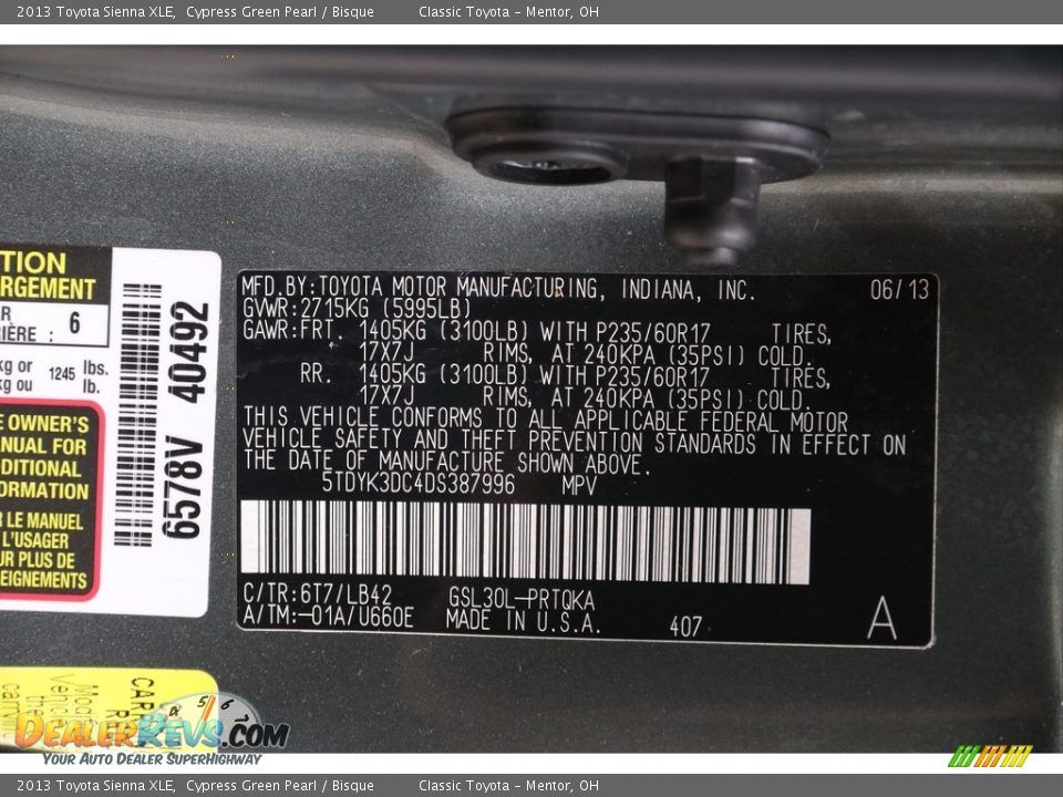 2013 Toyota Sienna XLE Cypress Green Pearl / Bisque Photo #21