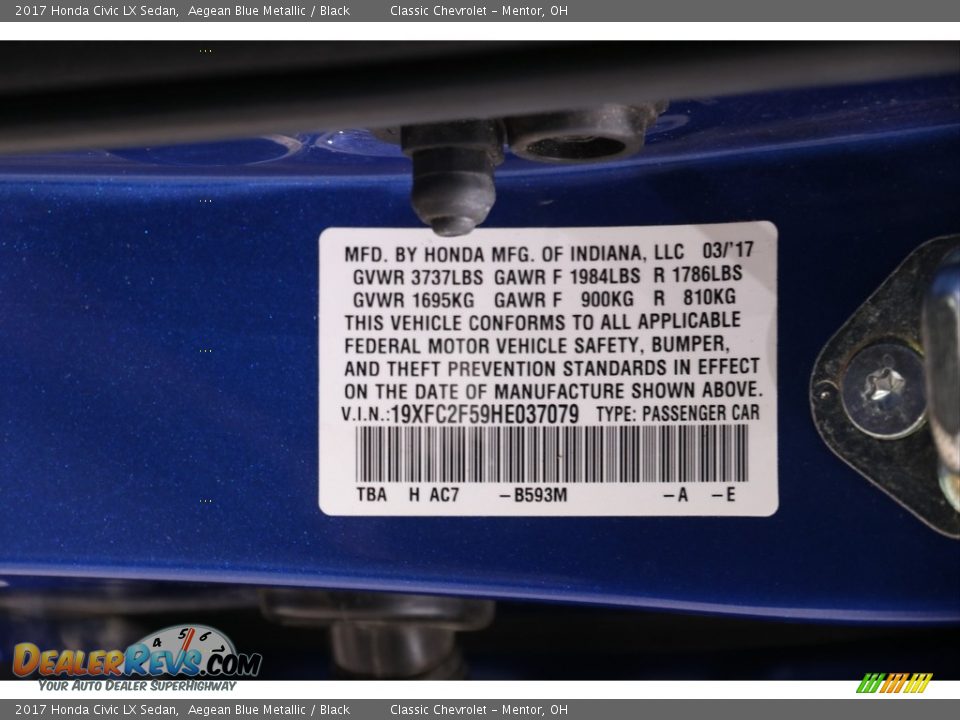 2017 Honda Civic LX Sedan Aegean Blue Metallic / Black Photo #20