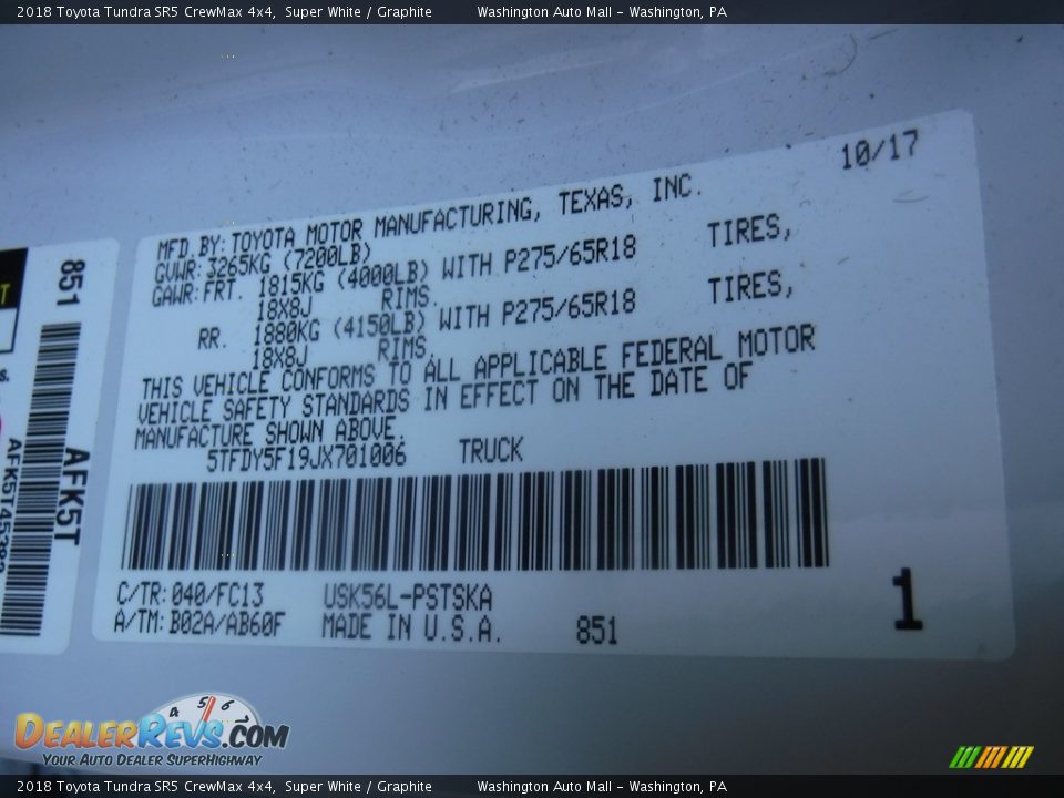 2018 Toyota Tundra SR5 CrewMax 4x4 Super White / Graphite Photo #26