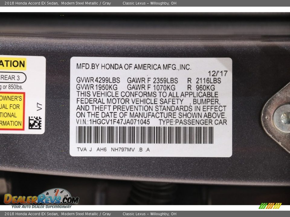 2018 Honda Accord EX Sedan Modern Steel Metallic / Gray Photo #19