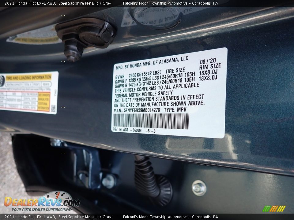 2021 Honda Pilot EX-L AWD Steel Sapphire Metallic / Gray Photo #12