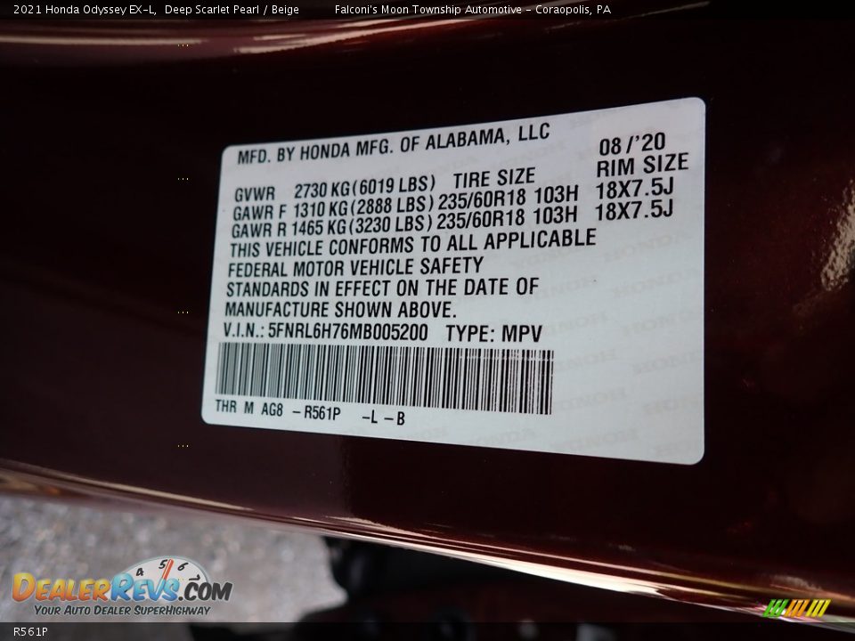 Honda Color Code R561P Deep Scarlet Pearl