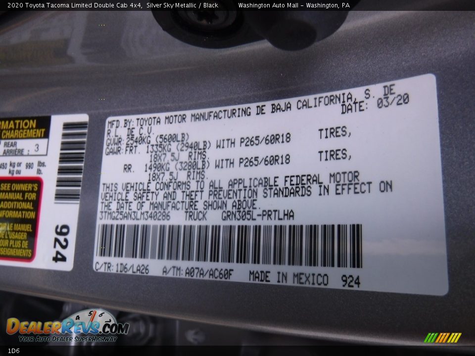 Toyota Color Code 1D6 Silver Sky Metallic