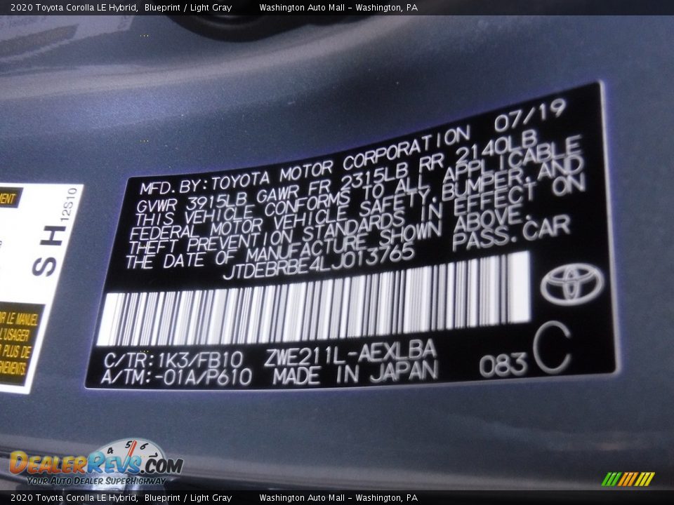 2020 Toyota Corolla LE Hybrid Blueprint / Light Gray Photo #15
