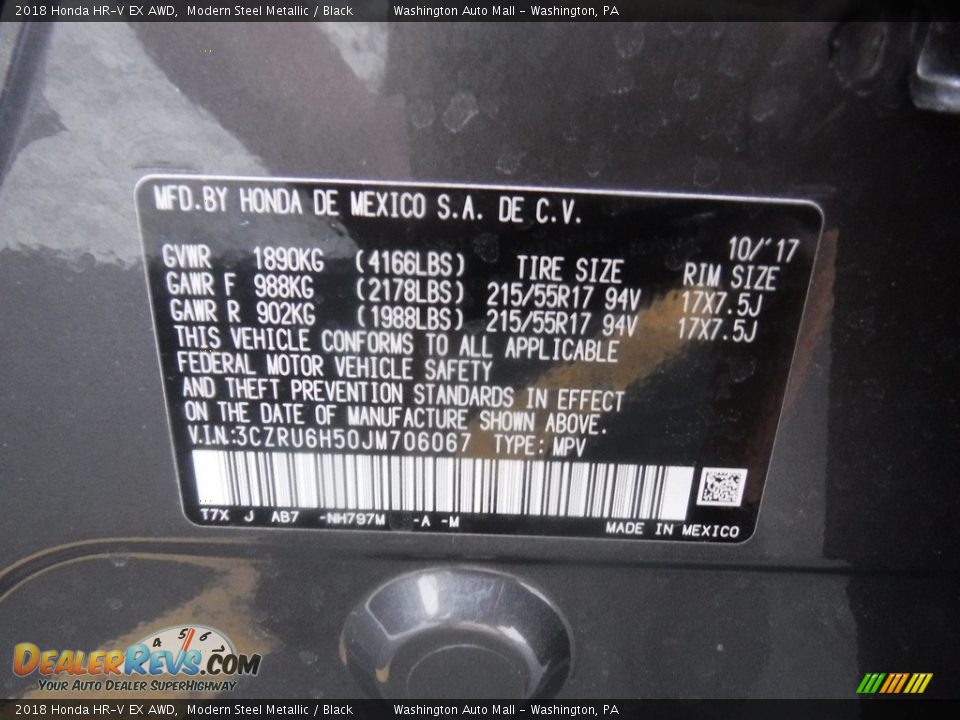 2018 Honda HR-V EX AWD Modern Steel Metallic / Black Photo #27
