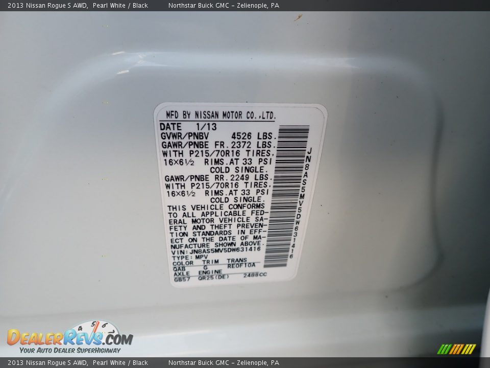 2013 Nissan Rogue S AWD Pearl White / Black Photo #15