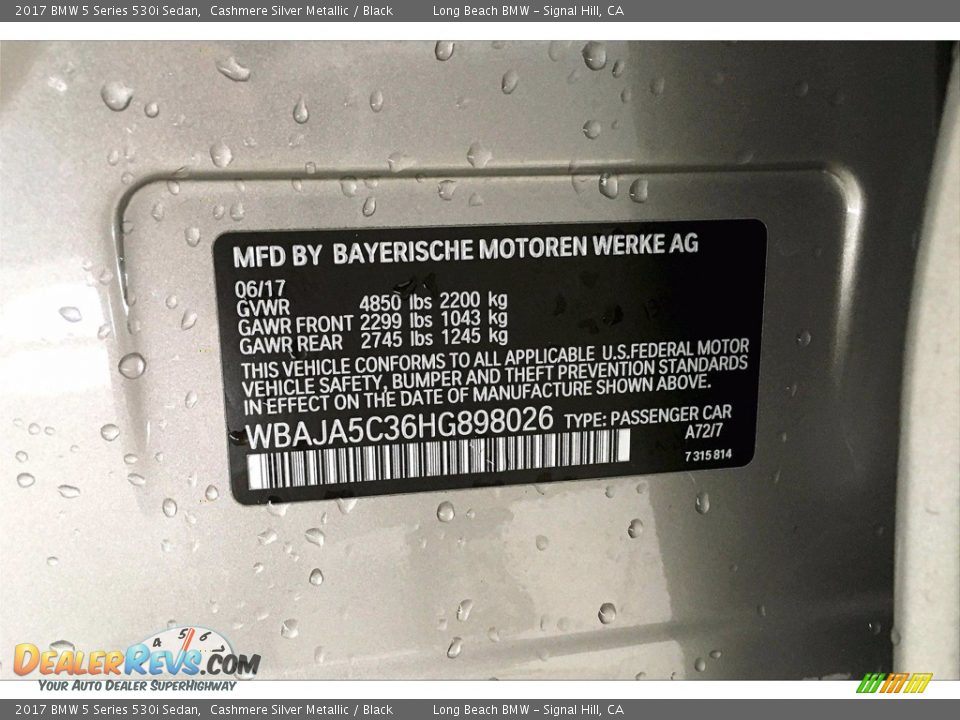 2017 BMW 5 Series 530i Sedan Cashmere Silver Metallic / Black Photo #36