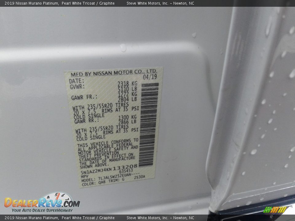 2019 Nissan Murano Platinum Pearl White Tricoat / Graphite Photo #32