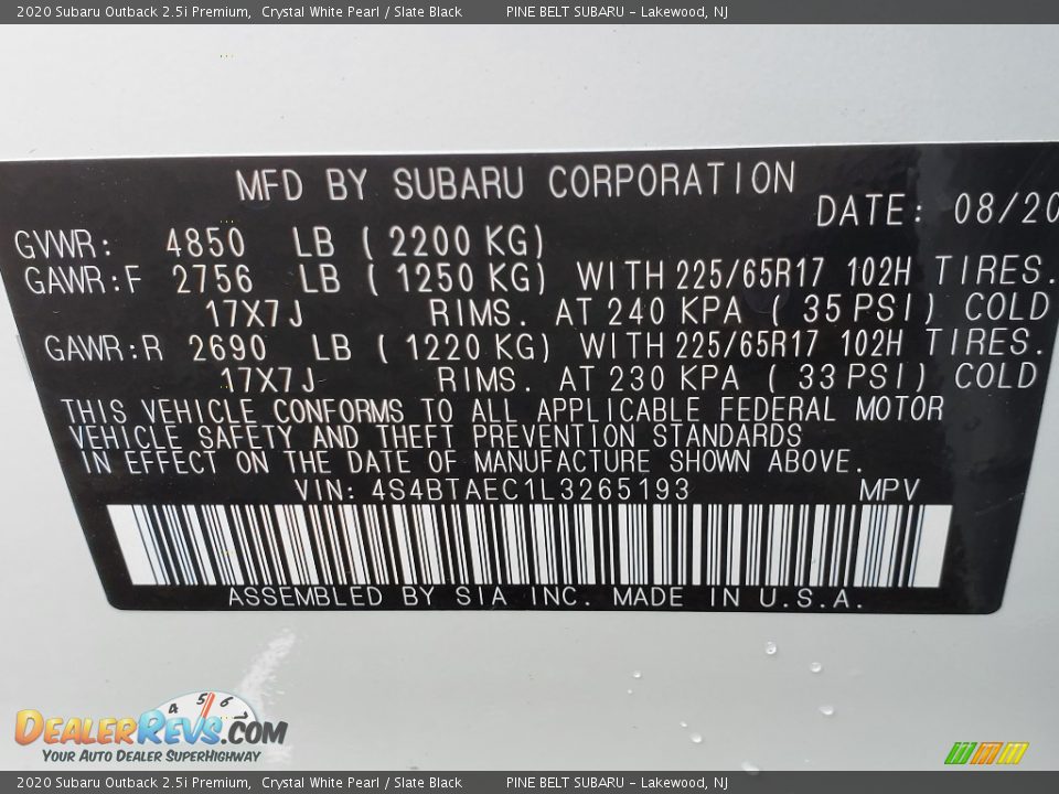 2020 Subaru Outback 2.5i Premium Crystal White Pearl / Slate Black Photo #14