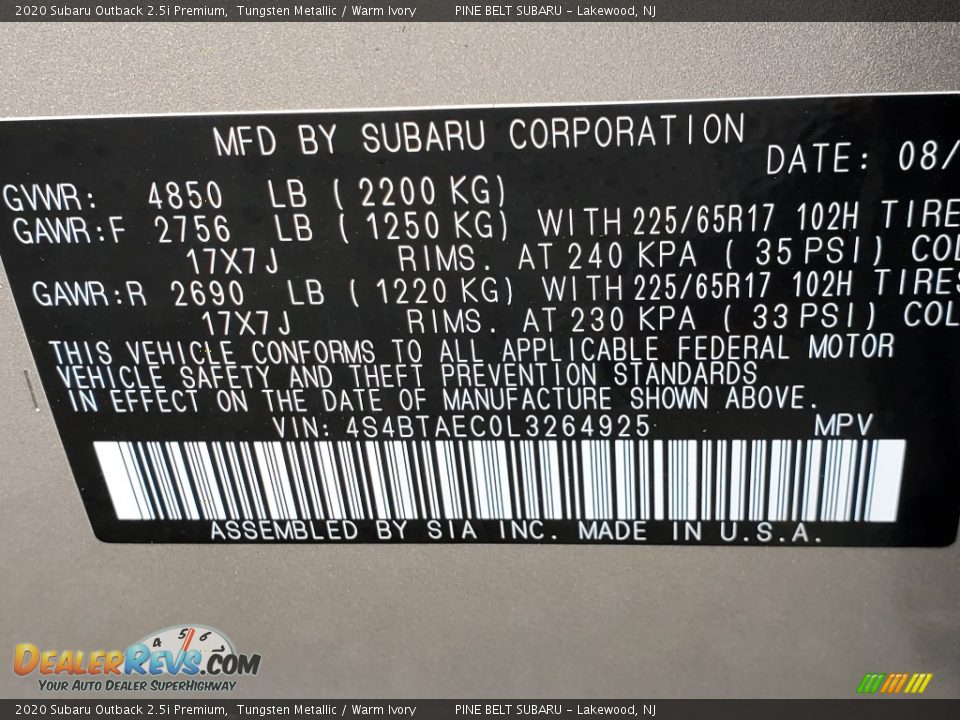 2020 Subaru Outback 2.5i Premium Tungsten Metallic / Warm Ivory Photo #14
