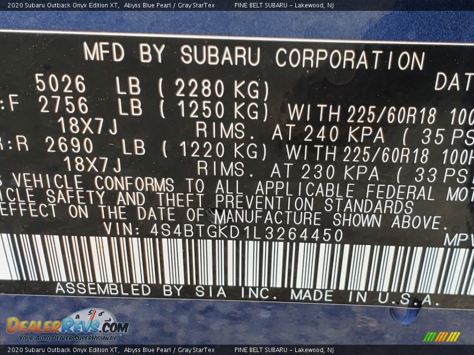 2020 Subaru Outback Onyx Edition XT Abyss Blue Pearl / Gray StarTex Photo #14