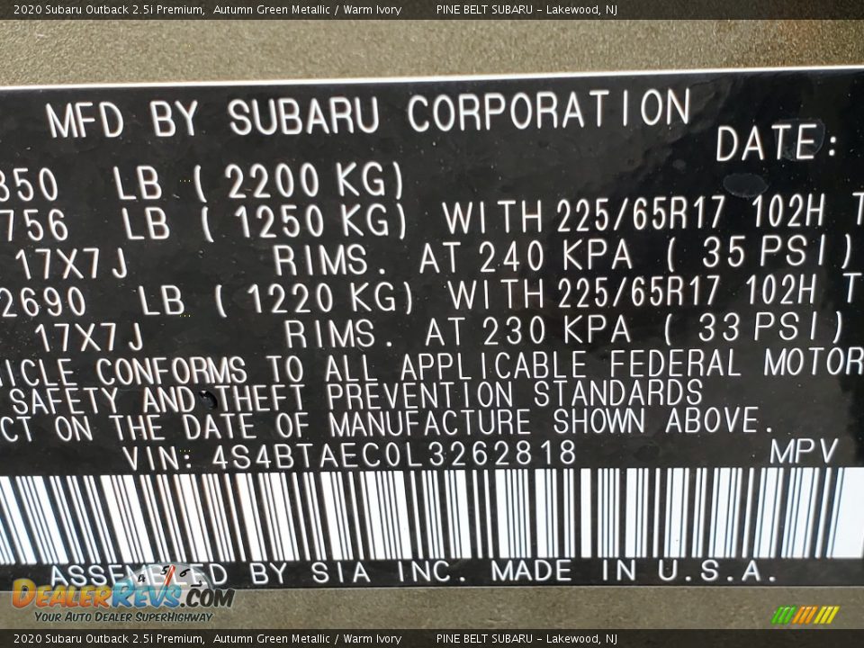 2020 Subaru Outback 2.5i Premium Autumn Green Metallic / Warm Ivory Photo #14