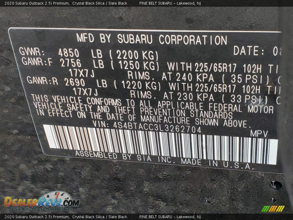 2020 Subaru Outback 2.5i Premium Crystal Black Silica / Slate Black Photo #14
