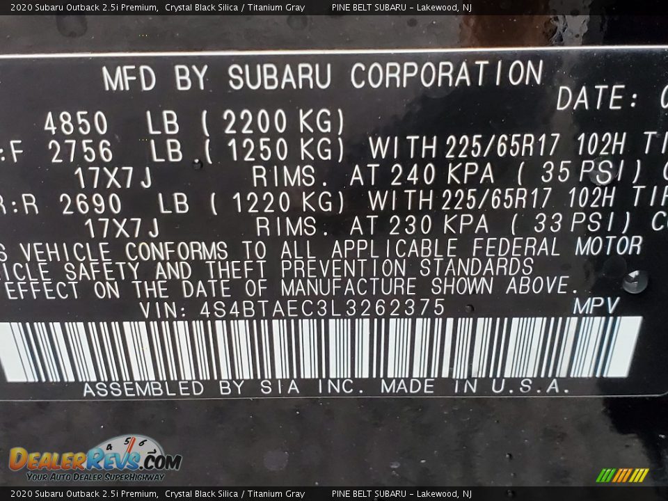 2020 Subaru Outback 2.5i Premium Crystal Black Silica / Titanium Gray Photo #14