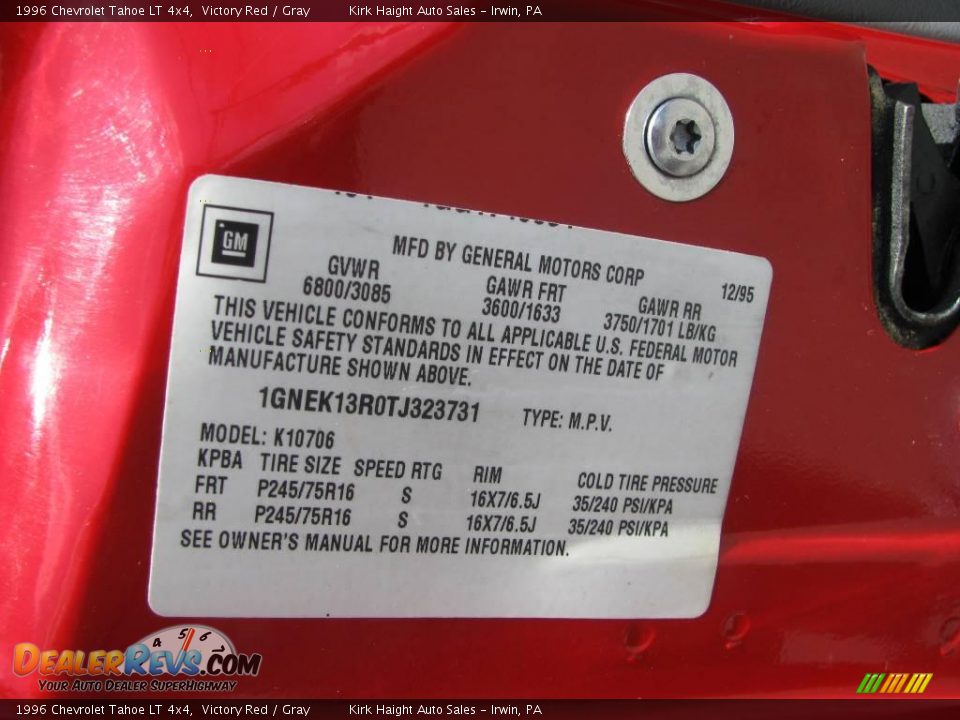 1996 Chevrolet Tahoe LT 4x4 Victory Red / Gray Photo #19