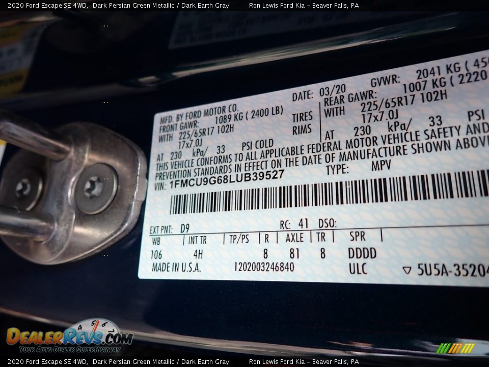 2020 Ford Escape SE 4WD Dark Persian Green Metallic / Dark Earth Gray Photo #16