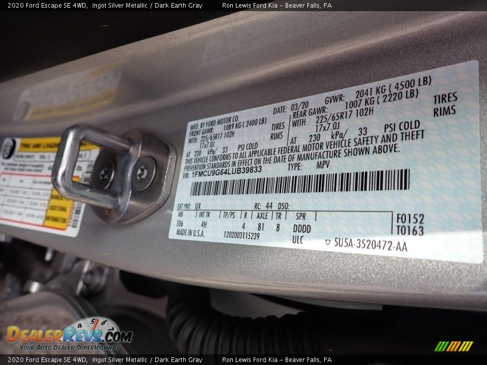 2020 Ford Escape SE 4WD Ingot Silver Metallic / Dark Earth Gray Photo #15