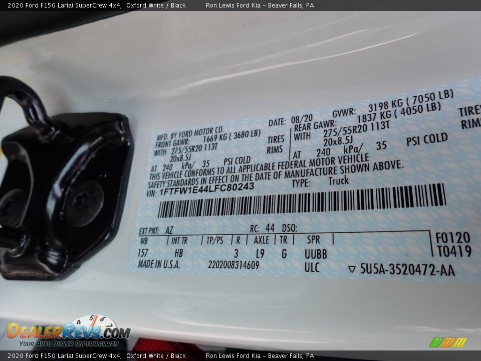2020 Ford F150 Lariat SuperCrew 4x4 Oxford White / Black Photo #17