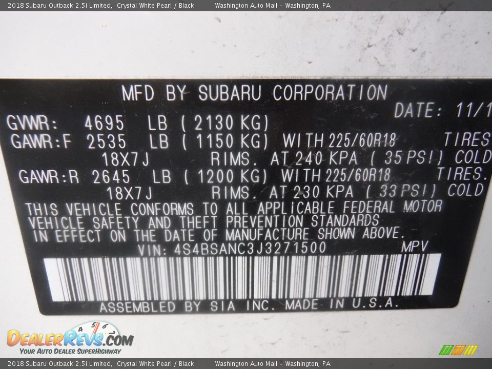 2018 Subaru Outback 2.5i Limited Crystal White Pearl / Black Photo #27