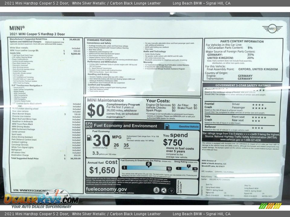 2021 Mini Hardtop Cooper S 2 Door Window Sticker Photo #17