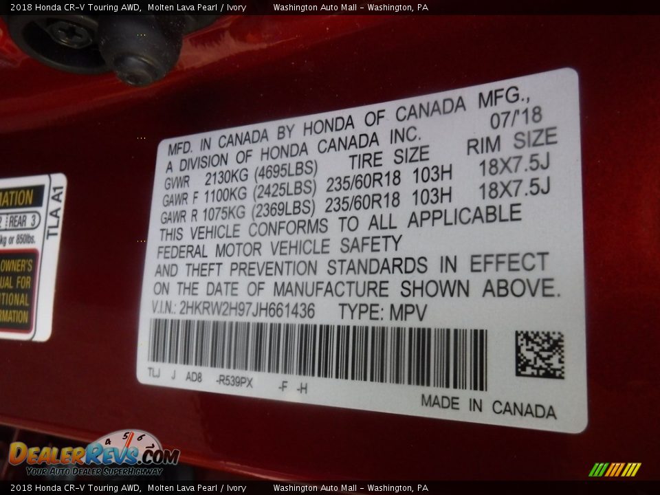 2018 Honda CR-V Touring AWD Molten Lava Pearl / Ivory Photo #29