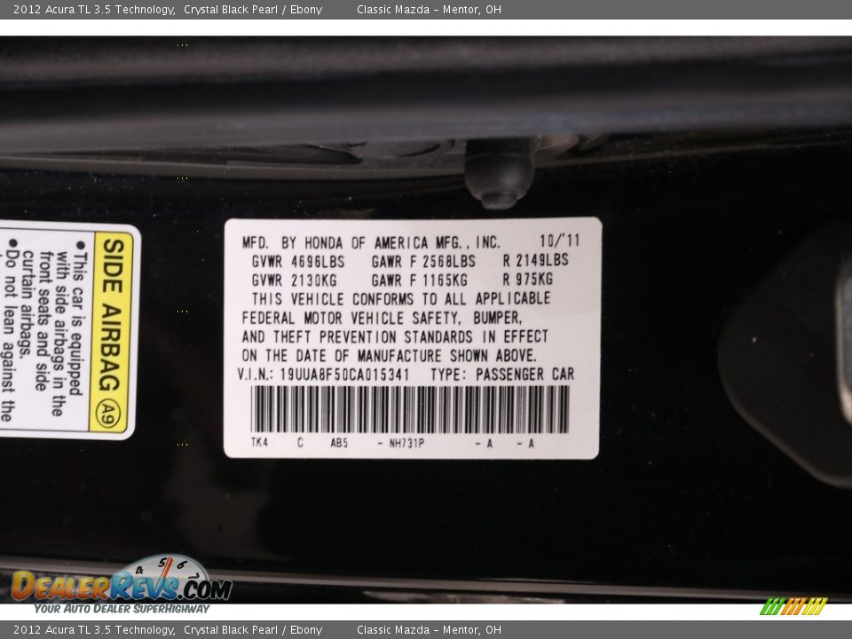2012 Acura TL 3.5 Technology Crystal Black Pearl / Ebony Photo #28