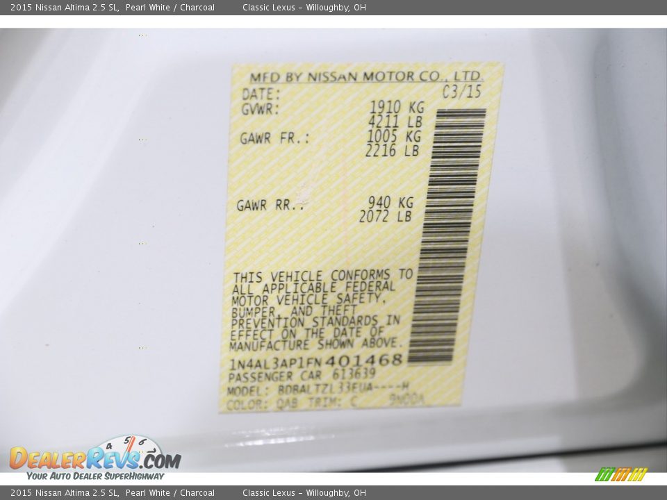 2015 Nissan Altima 2.5 SL Pearl White / Charcoal Photo #24