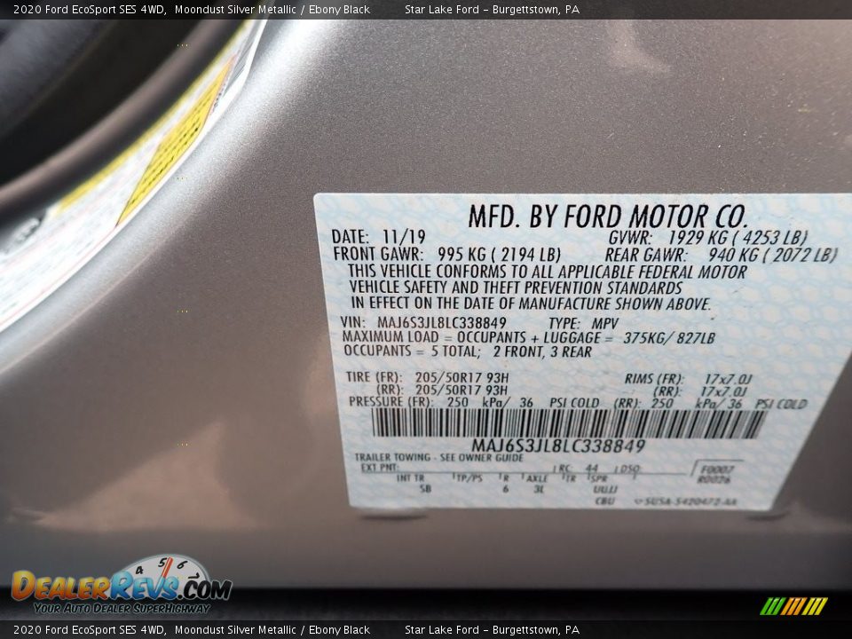 2020 Ford EcoSport SES 4WD Moondust Silver Metallic / Ebony Black Photo #14