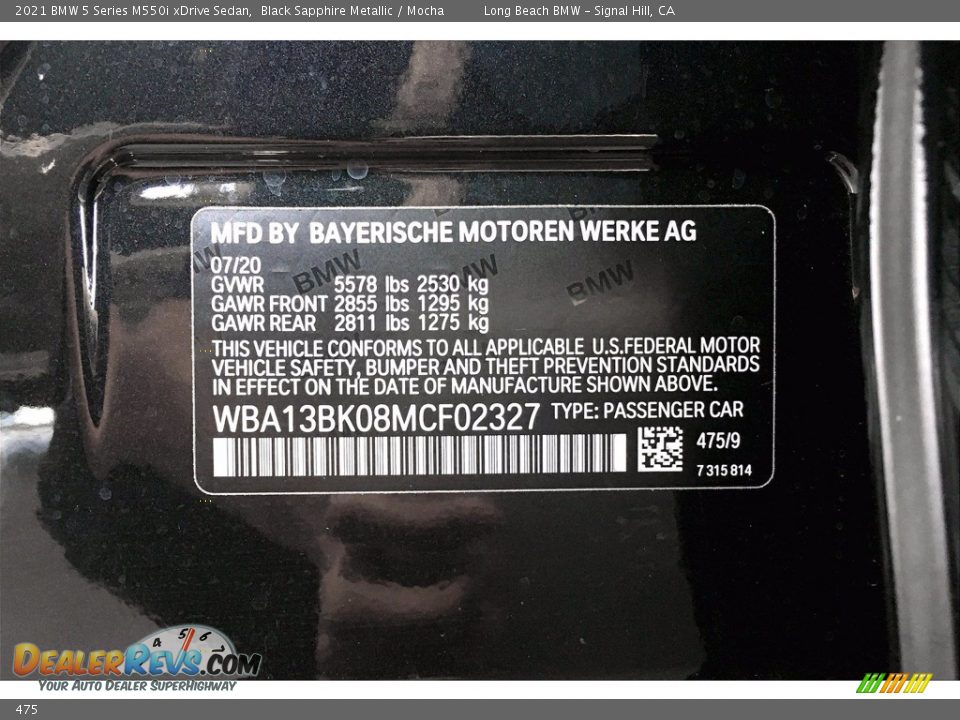 BMW Color Code 475 Black Sapphire Metallic