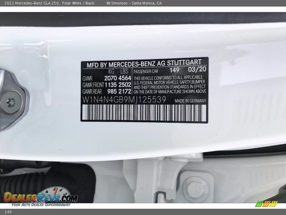 Mercedes-Benz Color Code 149 Polar White