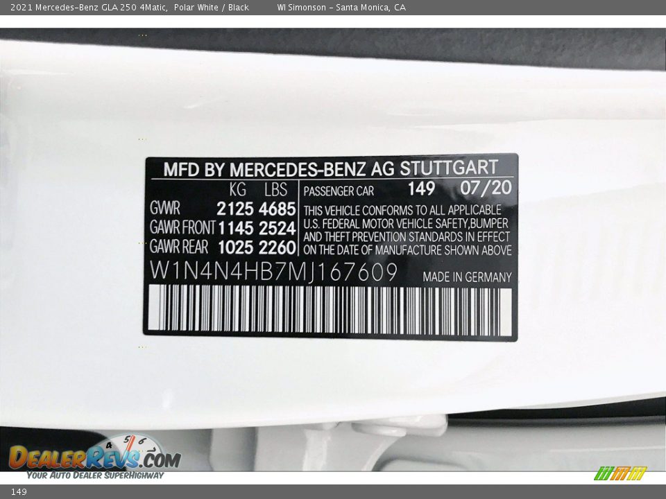 Mercedes-Benz Color Code 149 Polar White