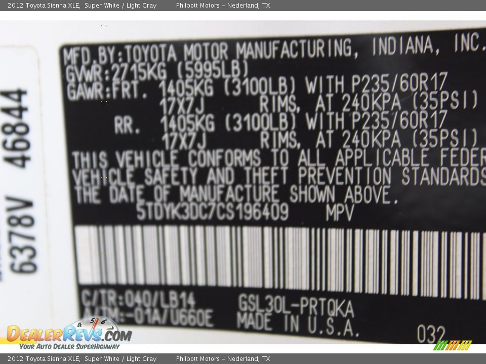 2012 Toyota Sienna XLE Super White / Light Gray Photo #28