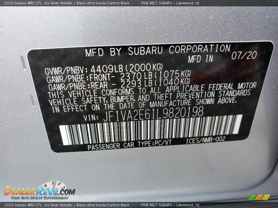 2020 Subaru WRX STI Ice Silver Metallic / Black Ultra Suede/Carbon Black Photo #13