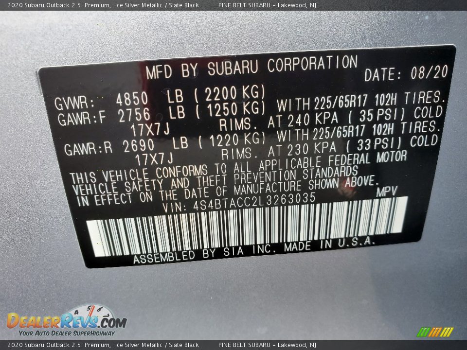 2020 Subaru Outback 2.5i Premium Ice Silver Metallic / Slate Black Photo #14