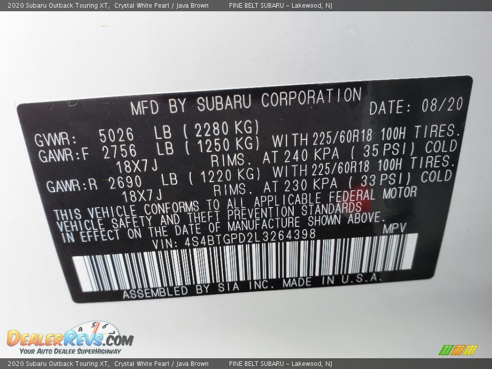 2020 Subaru Outback Touring XT Crystal White Pearl / Java Brown Photo #14