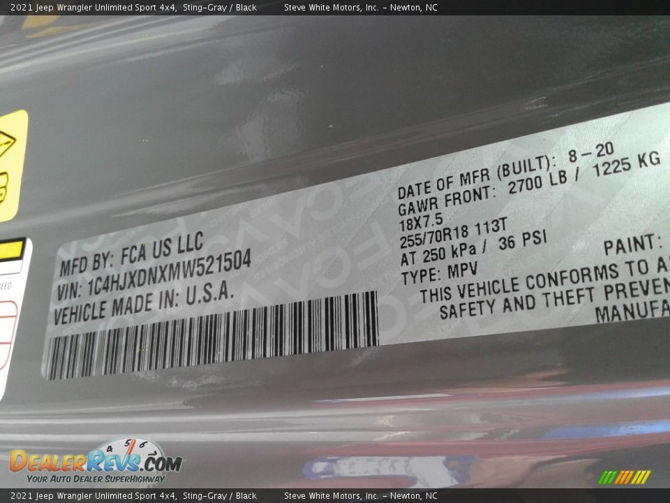 2021 Jeep Wrangler Unlimited Sport 4x4 Sting-Gray / Black Photo #30