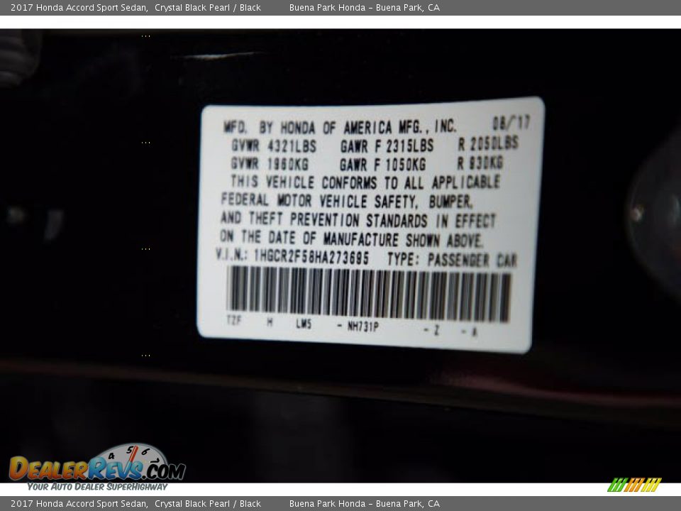 2017 Honda Accord Sport Sedan Crystal Black Pearl / Black Photo #35