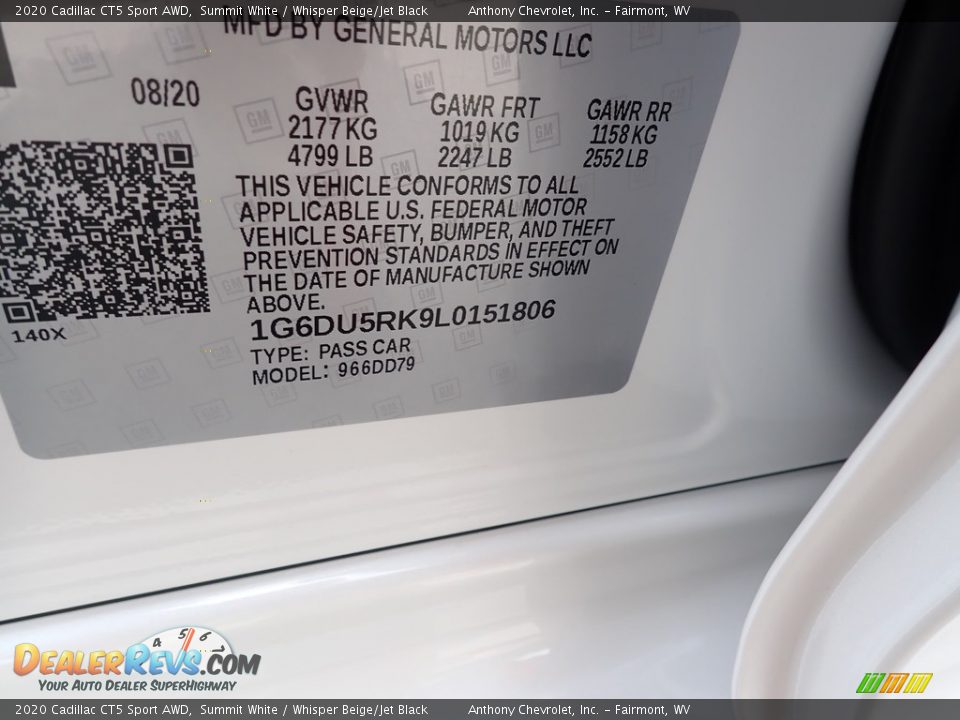 2020 Cadillac CT5 Sport AWD Summit White / Whisper Beige/Jet Black Photo #13